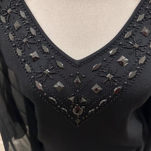 Beaded Spenser Jeremy  size medium black flutter sleeve blouse v-neck beadwork - Picture 2 of 4